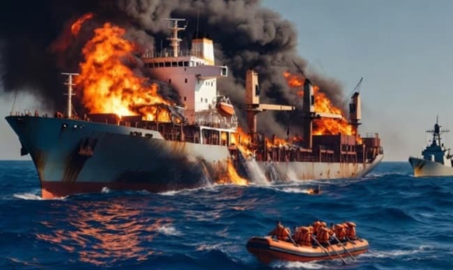US-Iran War; oil tanker attacked and catches fire in the Strait of Hormuz.