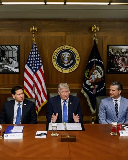Trump touts record gains at Camp David