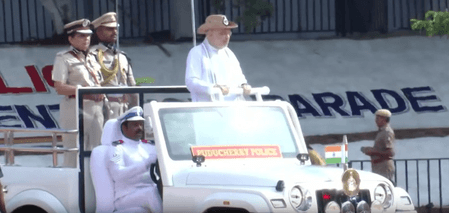 Amit Shah presents presidential colours to Puducherry Police
