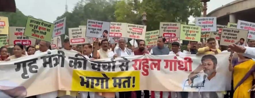 NDA MPs protest in the Parliament complex against the lathi-charge on students in Jharkhand and the ongoing deadlock in Parliament.