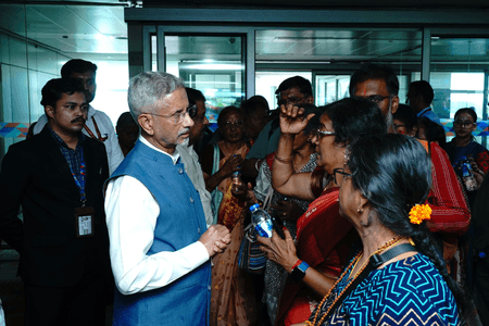 Rescued from Nepal floods, 21 pilgrims from Tamil Nadu received by EAM Jaishankar at Delhi airport
